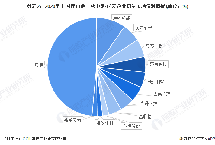 图表2：2020年中国锂电池正极材料代表企业销量市场份额情况(单位：%)