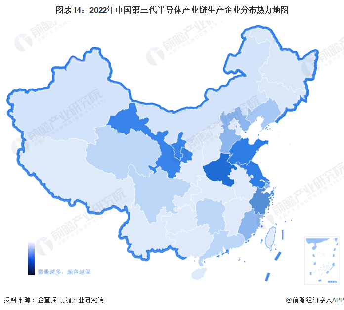 图表14：2022年中国第三代半导体产业链生产企业分布热力地图